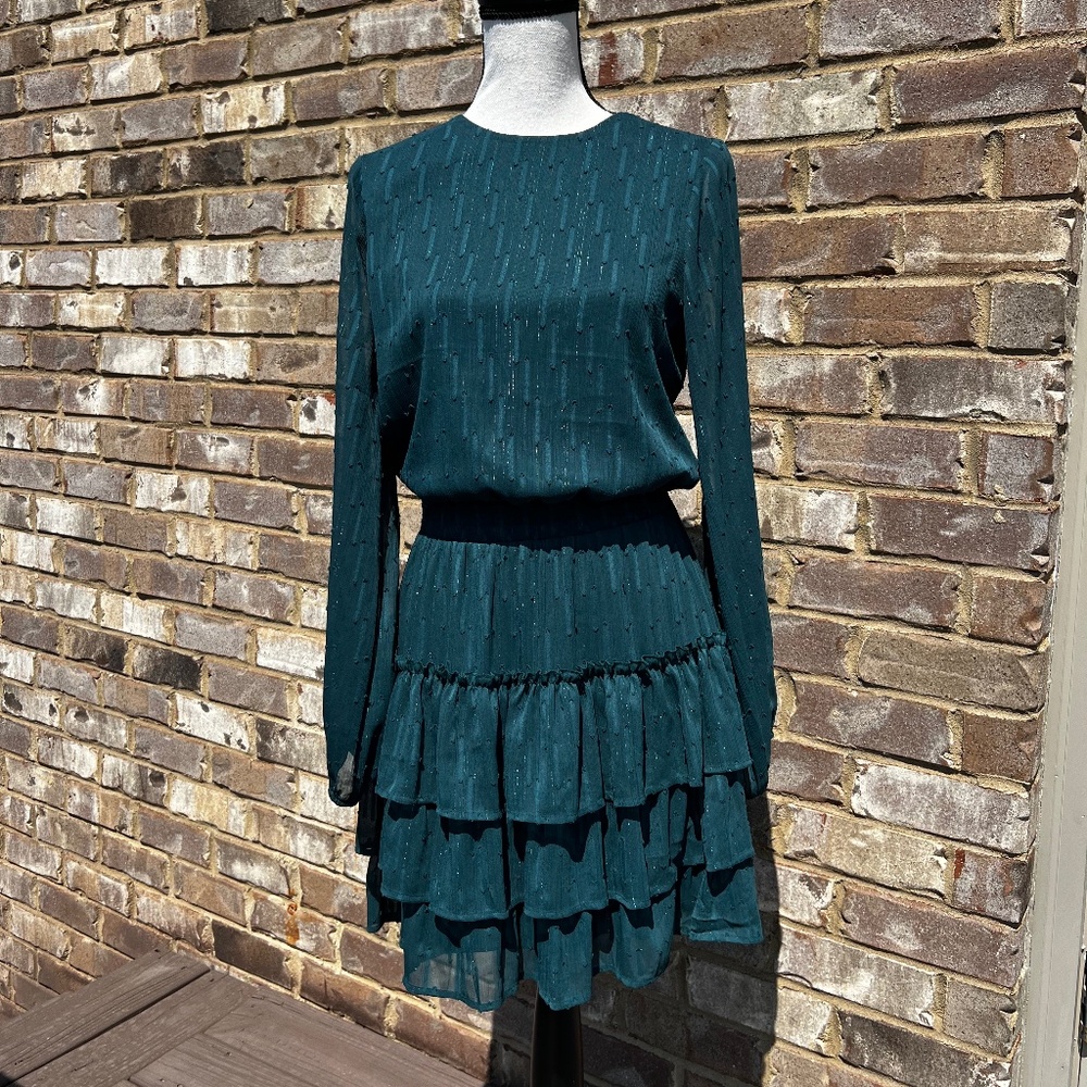 Express Smocked Waist 3 Tiered Green Mini Long Sleeve Dress S